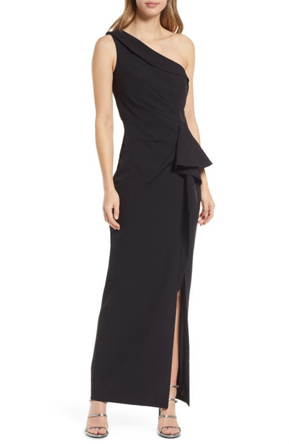 Vince Camuto Black One-Shoulder Ruffle Gown Size 8