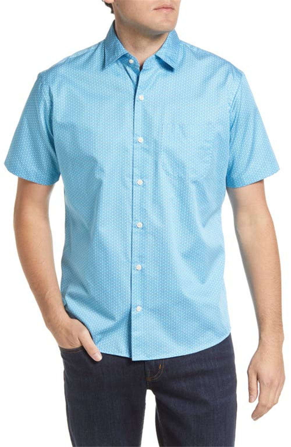 Peter Millar Marshall Print Cotton Short Sleeve Button-Up Shirt In Blue Opal Size Medium