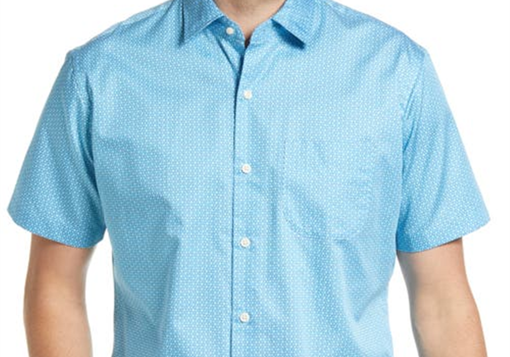 Peter Millar Marshall Print Cotton Short Sleeve Button-Up Shirt In Blue Opal Size Medium