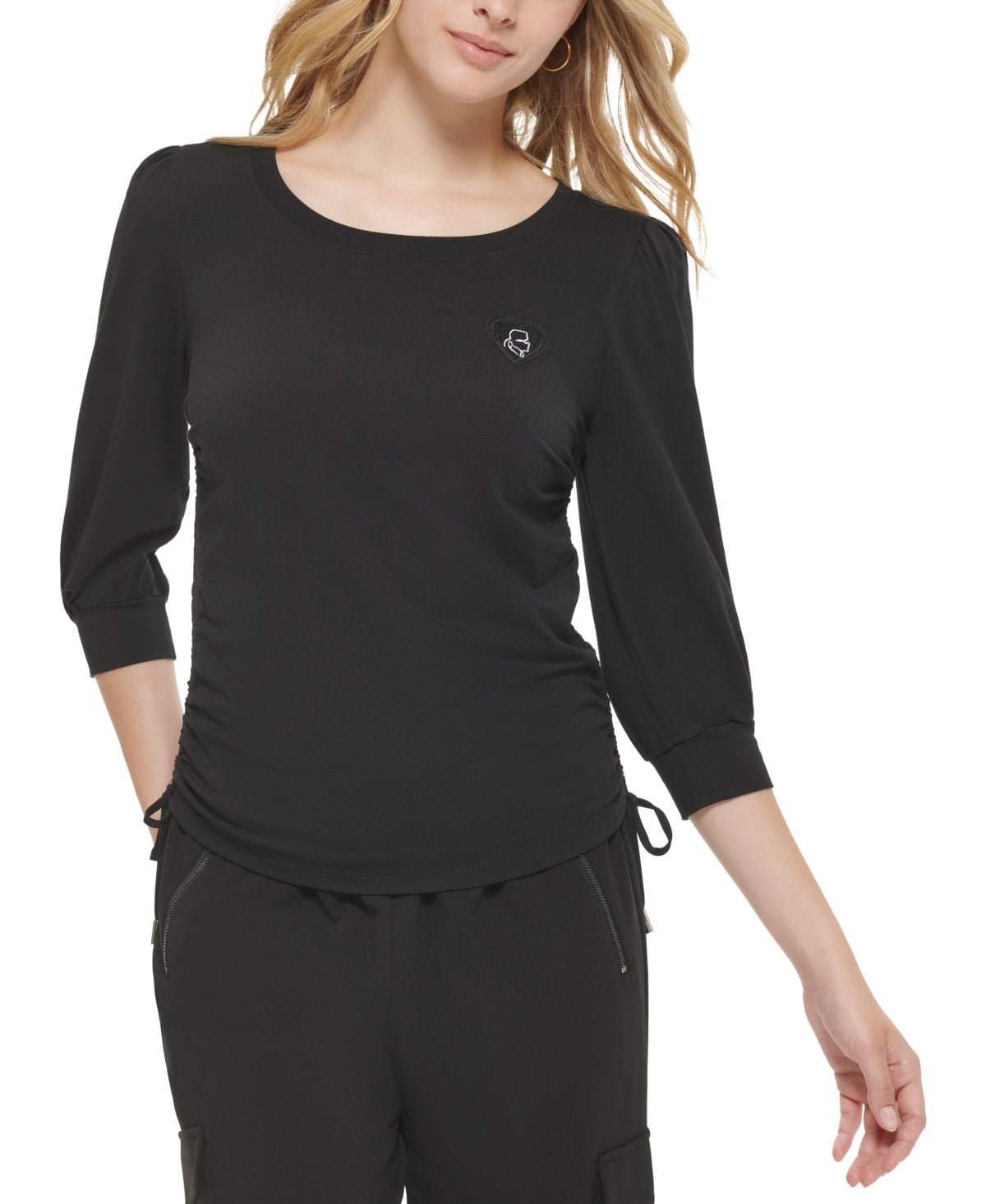 Karl Lagerfeld Paris Women's Side Drawstring Knit Top Black Size Large