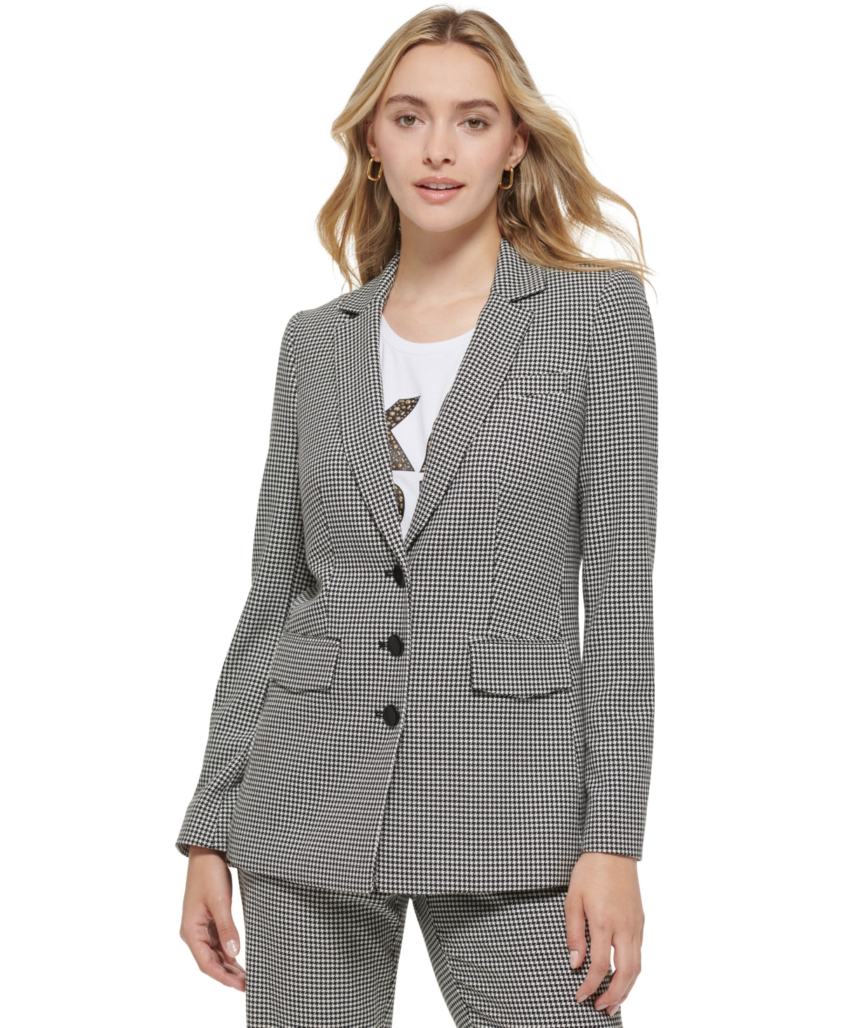 karl-lagerfeld-paris-womens-houndstooth-button-front-blazer-black-size-14
