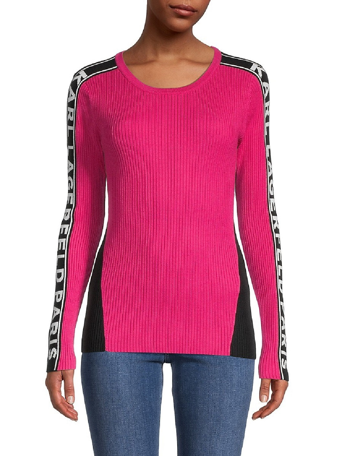 Karl Lagerfeld Paris Women's Colorblock Ribbed T-Shirt Pink Size Medium