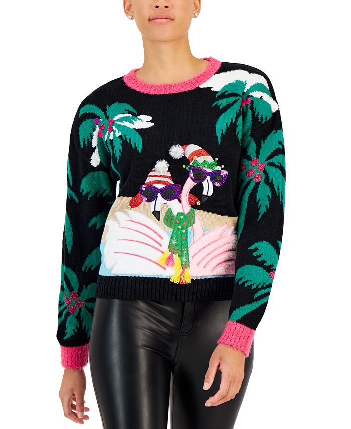 Hooked Up By IOT Junior's Sequined Embroidered Sweater Black Size X-Small