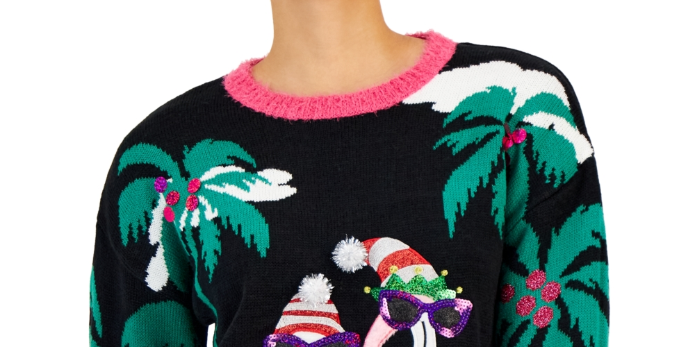 Hooked Up By IOT Junior's Sequined Embroidered Sweater Black Size X-Small