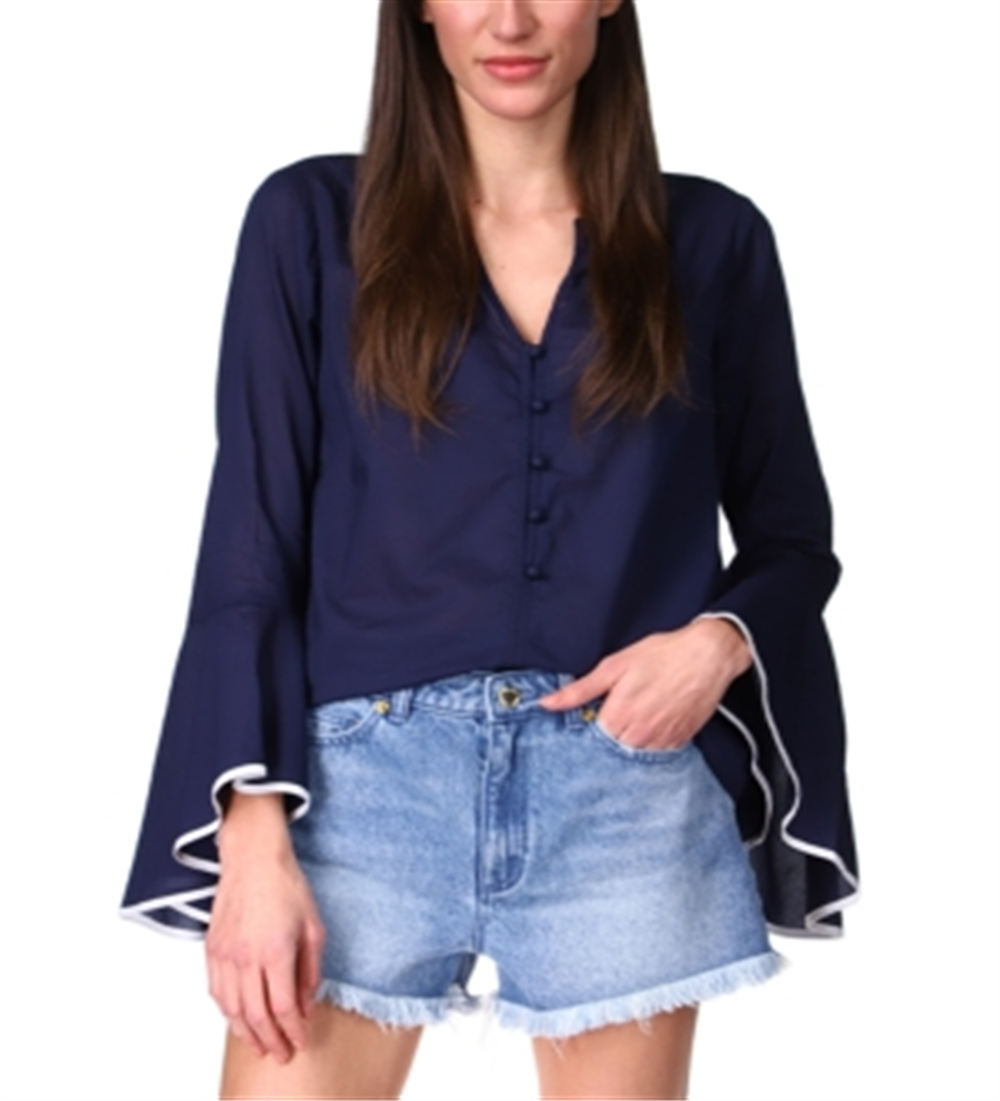 Michael Kors Women's Cotton Flounce Sleeve Top Blue Size X-Large