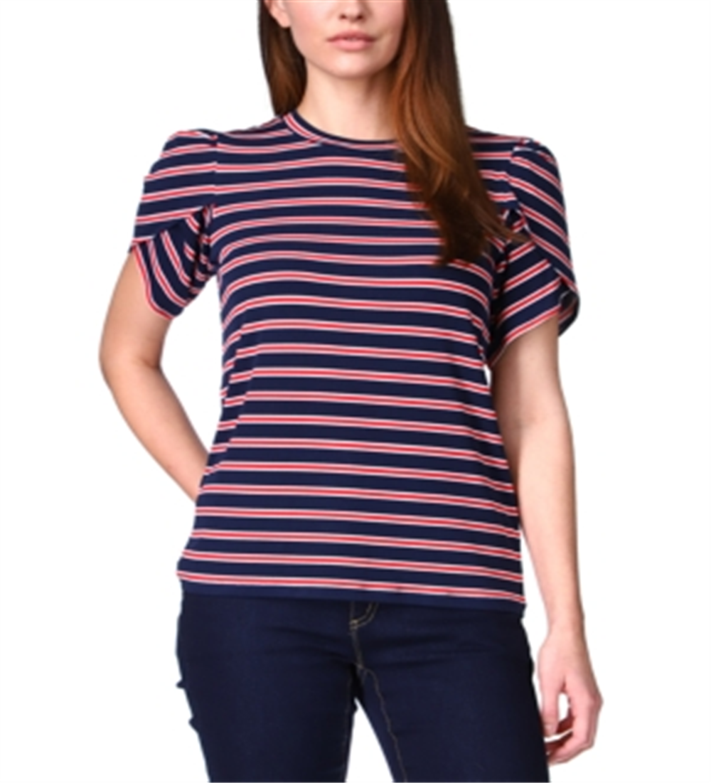 Michael Kors Women's Striped Tulip-Sleeve Knit Top Blue Size Petite Large