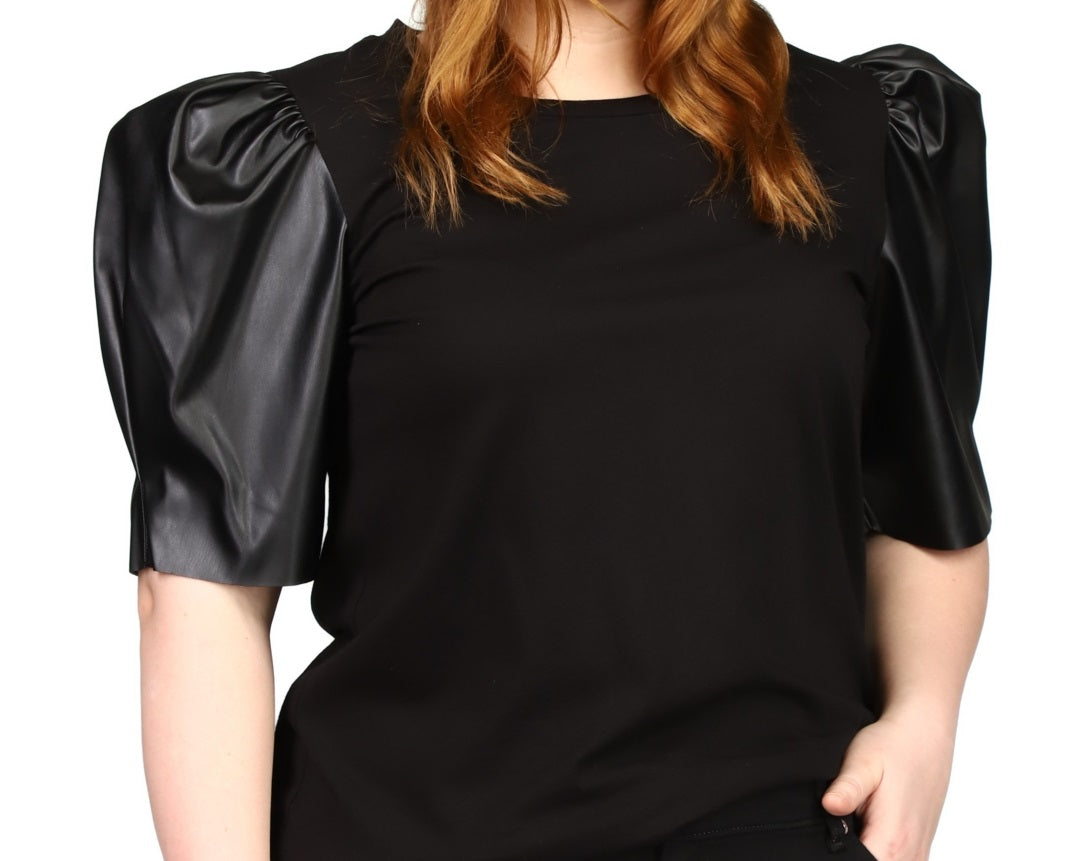 Michael Kors Women's Faux Leather Puff Sleeve Top Black Size 0X