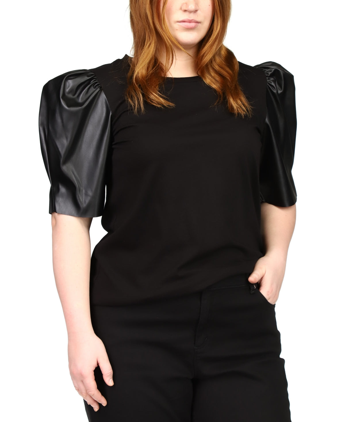 Michael Kors Women's Faux Leather Puff Sleeve Top Black Size 0X