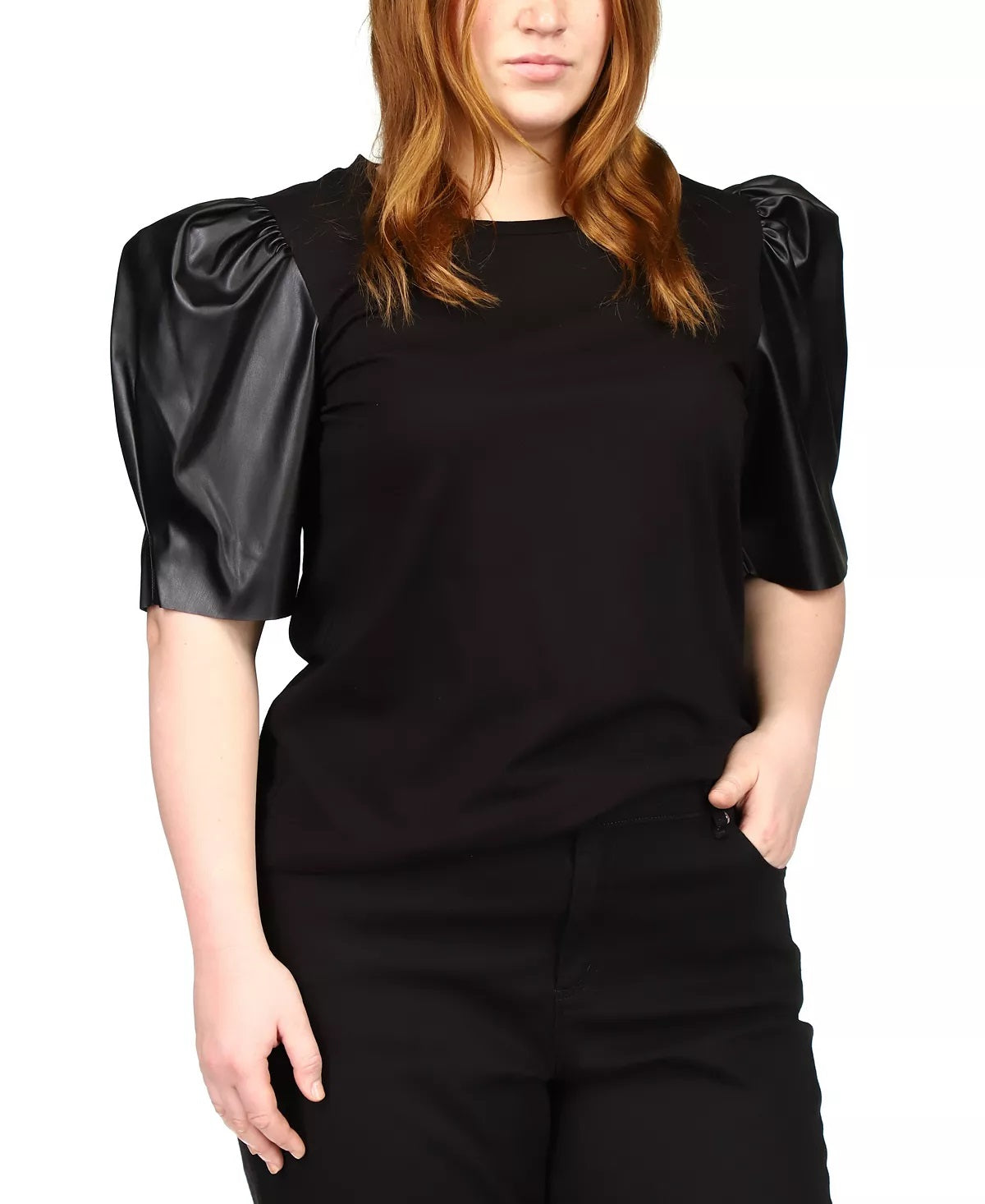 Michael Kors Women's Faux Leather Puff Sleeve Top Black Size 3X