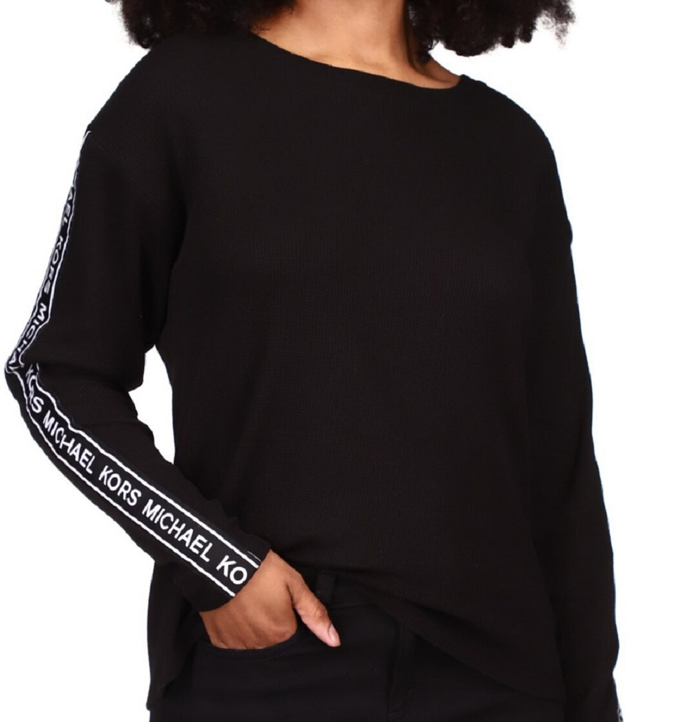 Michael Kors Women's Waffled Logo Tape Sleeve Top Black Size Petite Small