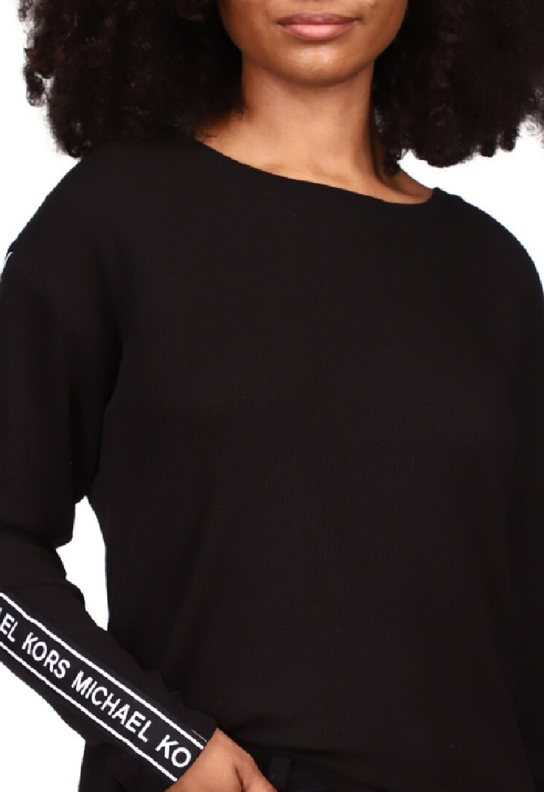 Michael Kors Women's Waffled Logo Tape Sleeve Top Black Size Petite Medium