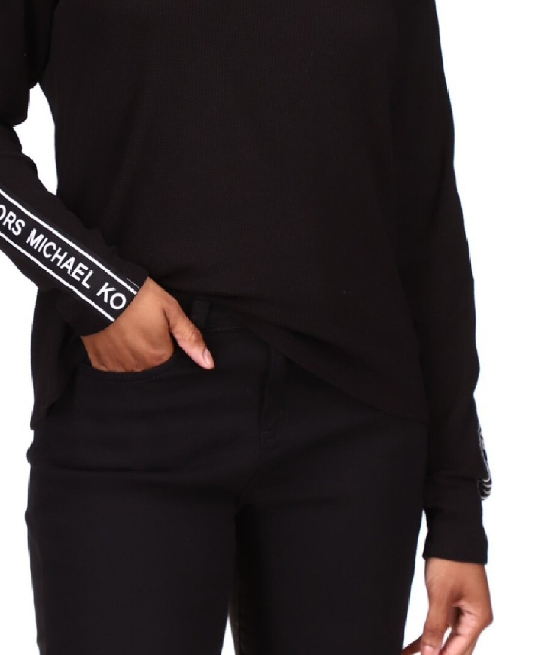 Michael Kors Women's Waffled Logo Tape Sleeve Top Black Size Petite Medium