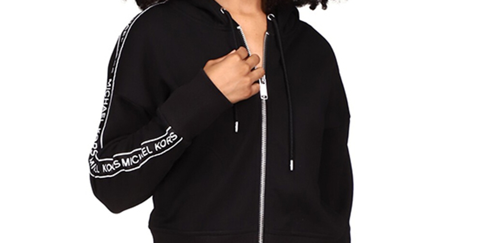 Michael Kors Women's Logo Stripe Zipper Hoodie Black Size Petite Medium
