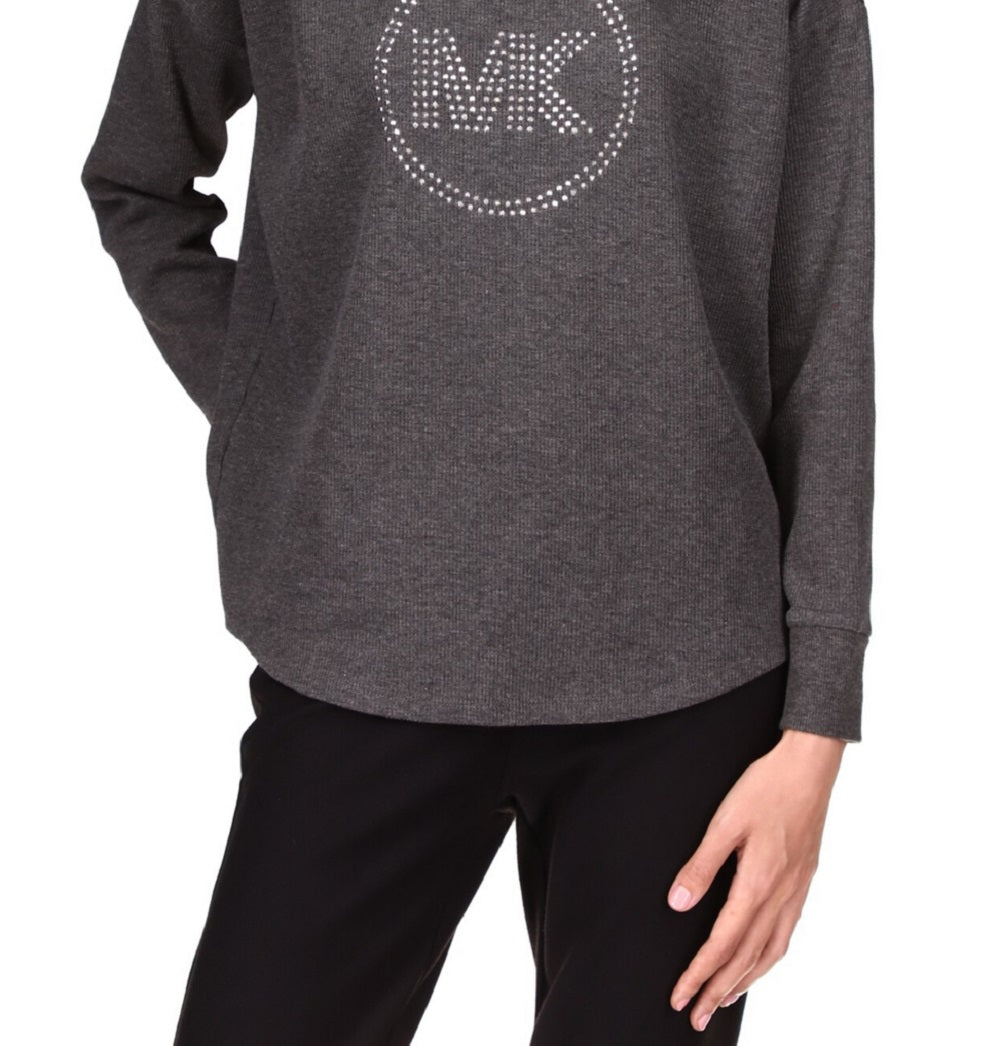Michael Kors Women's Rhinestone Long Sleeve Top Gray Size Petite Medium