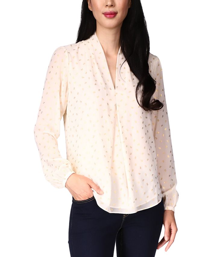 Michael Kors Women's Foil Print Pleated Blouse White Size Medium