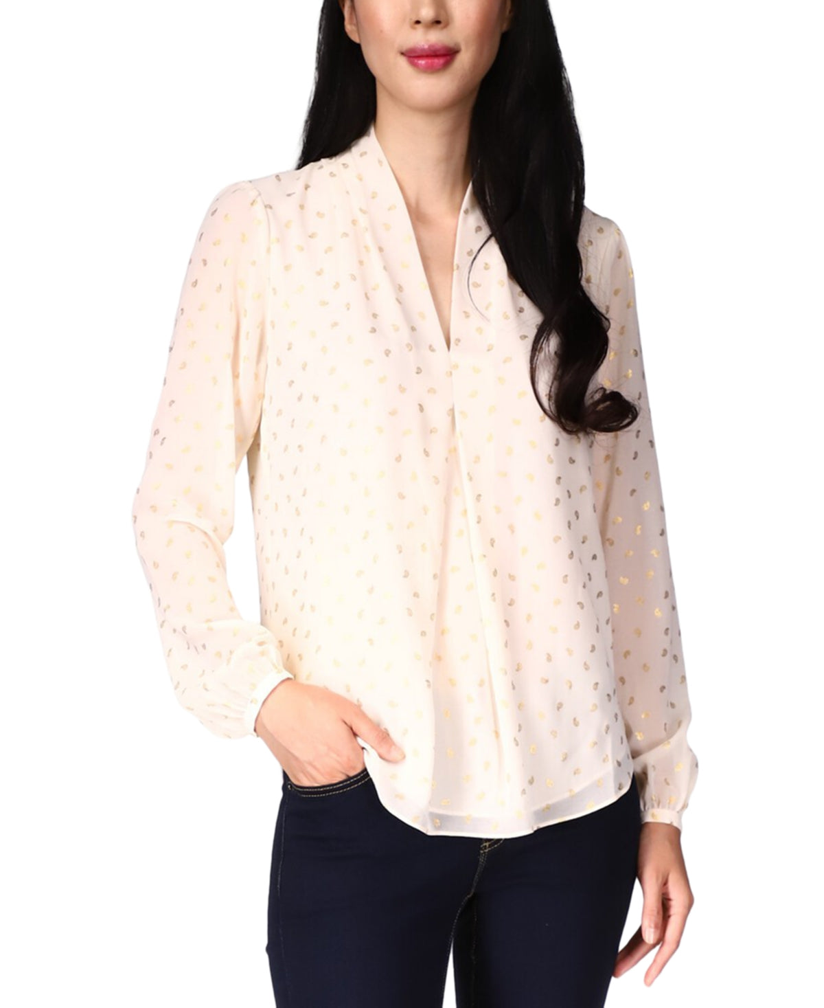 Michael Kors Women's Foil Print Pleated Blouse White Size Medium