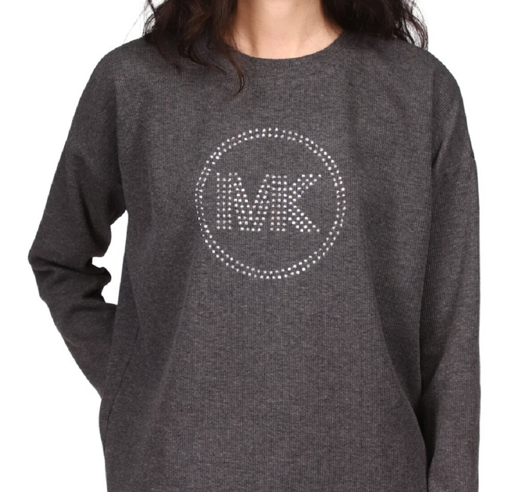 Michael Kors Women's Rhinestone Logo Waffle Knit Top Gray Size X-Small