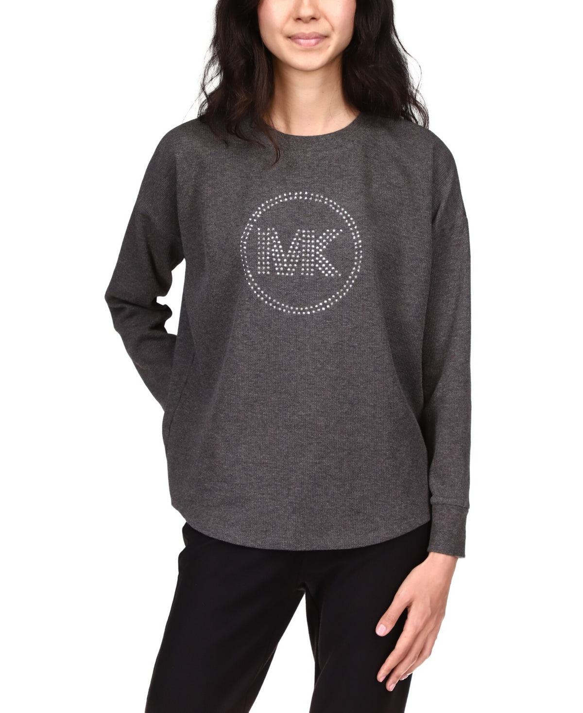 Michael Kors Women's Rhinestone Logo Waffle Knit Top Gray Size X-Small