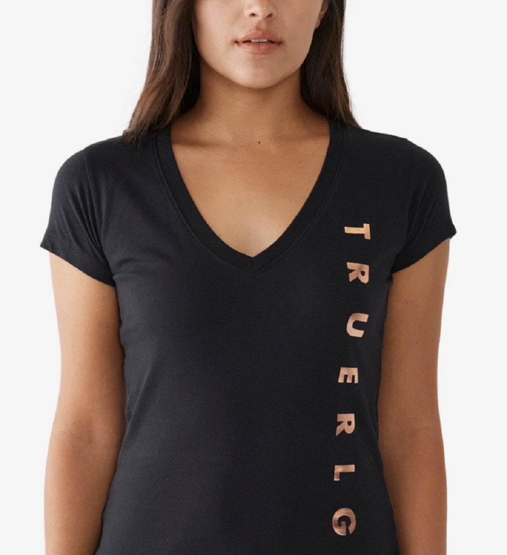 True Religion Women's Side Logo Slim V Neck Short Sleeve T-Shirt Black Size Large