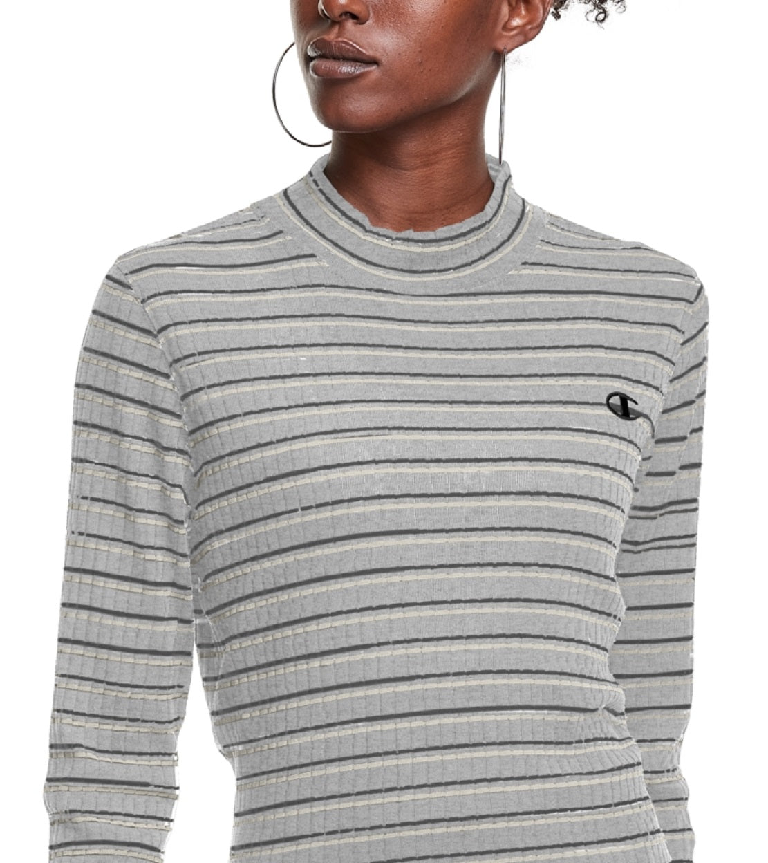 Champion Women's Campus Striped Mock Neck T-Shirt Gray Size Large