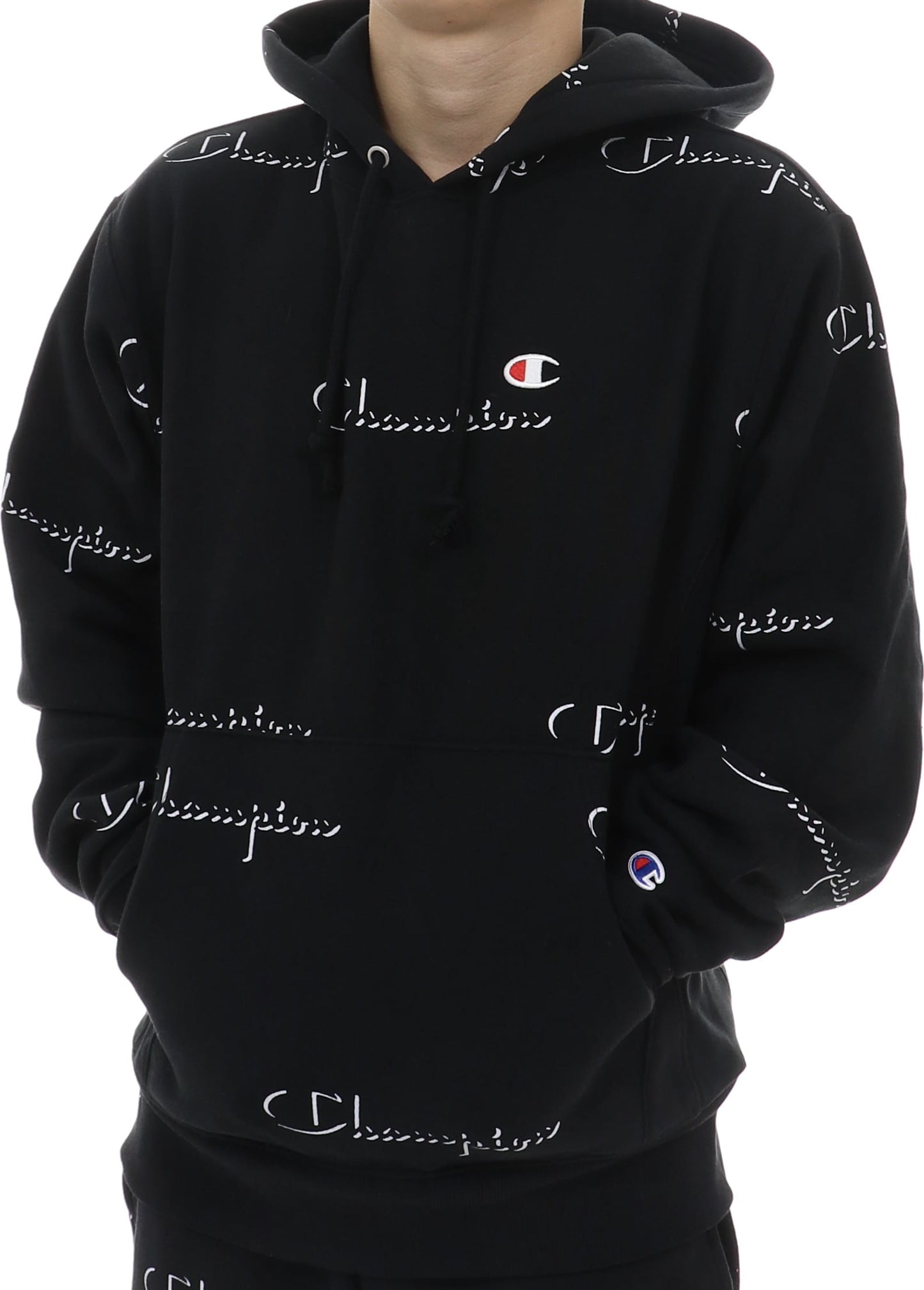 Champion Men's All Over Logo Hoodie Black Size X-Large