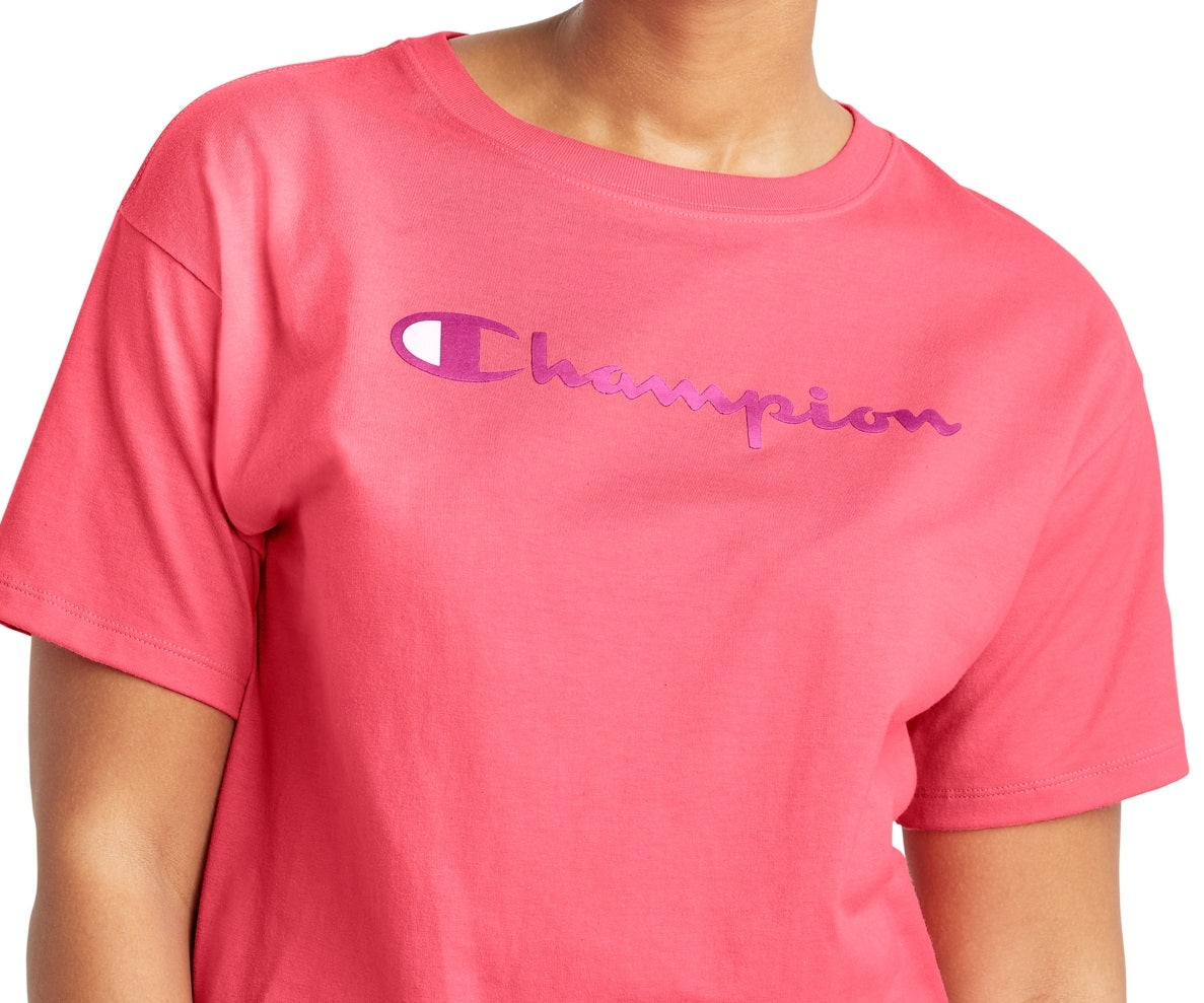 Champion Women's Logo Cropped T-Shirt Pink Size Large
