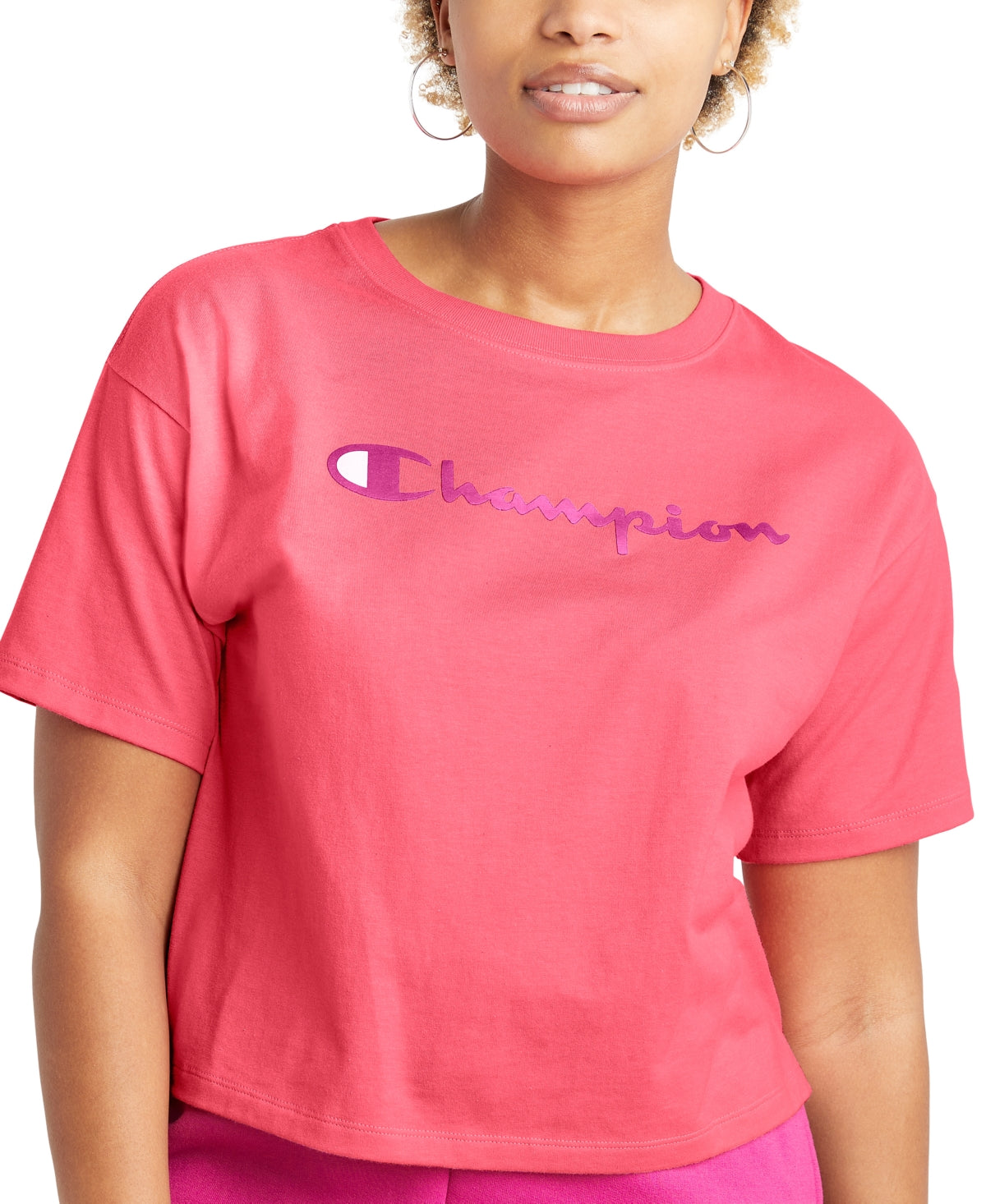 Champion Women's Logo Cropped T-Shirt Pink Size Large