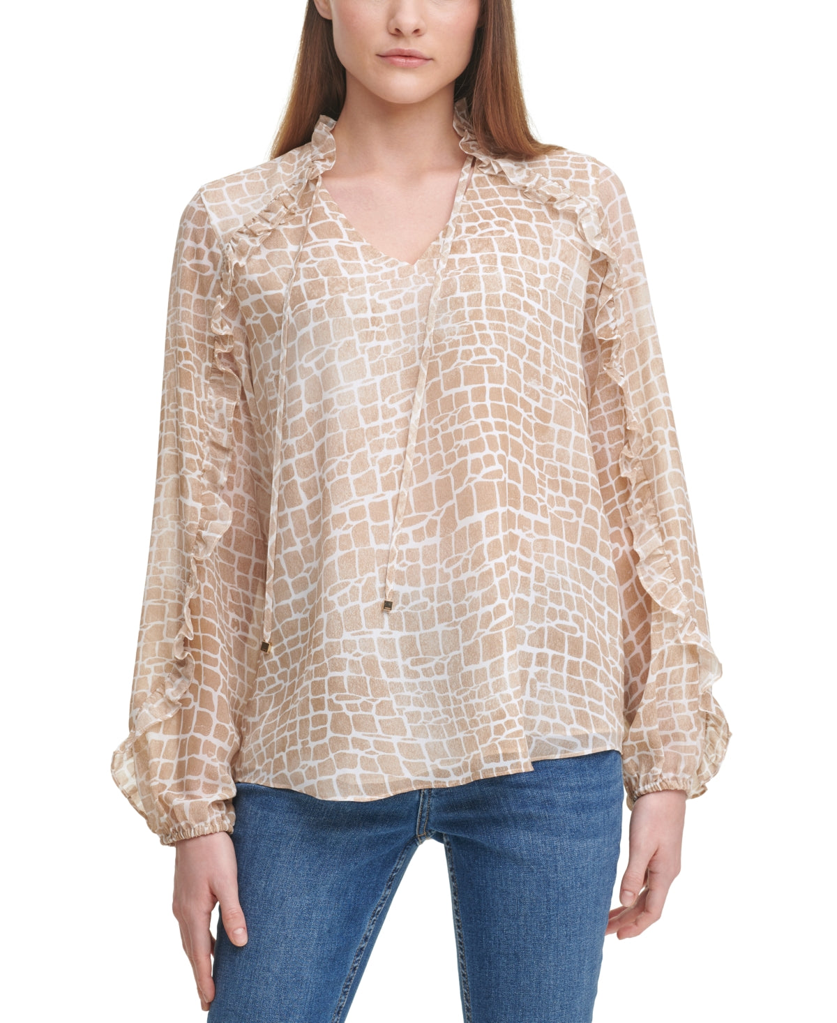 Calvin Klein Women's Printed Ruffle Trim Long Sleeve Blouse Brown Size X-Large