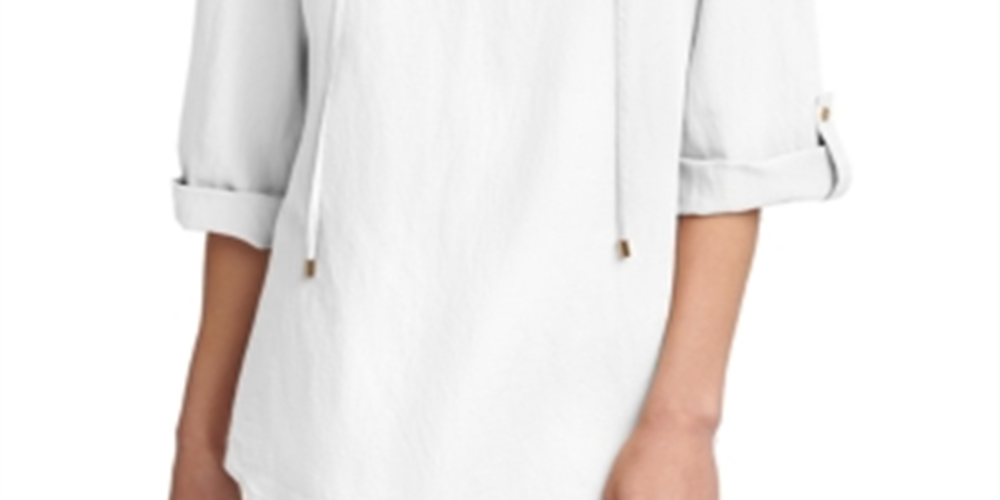 Calvin Klein Women's Tie Neck Roll Sleeve Linen Top White Size X-Large