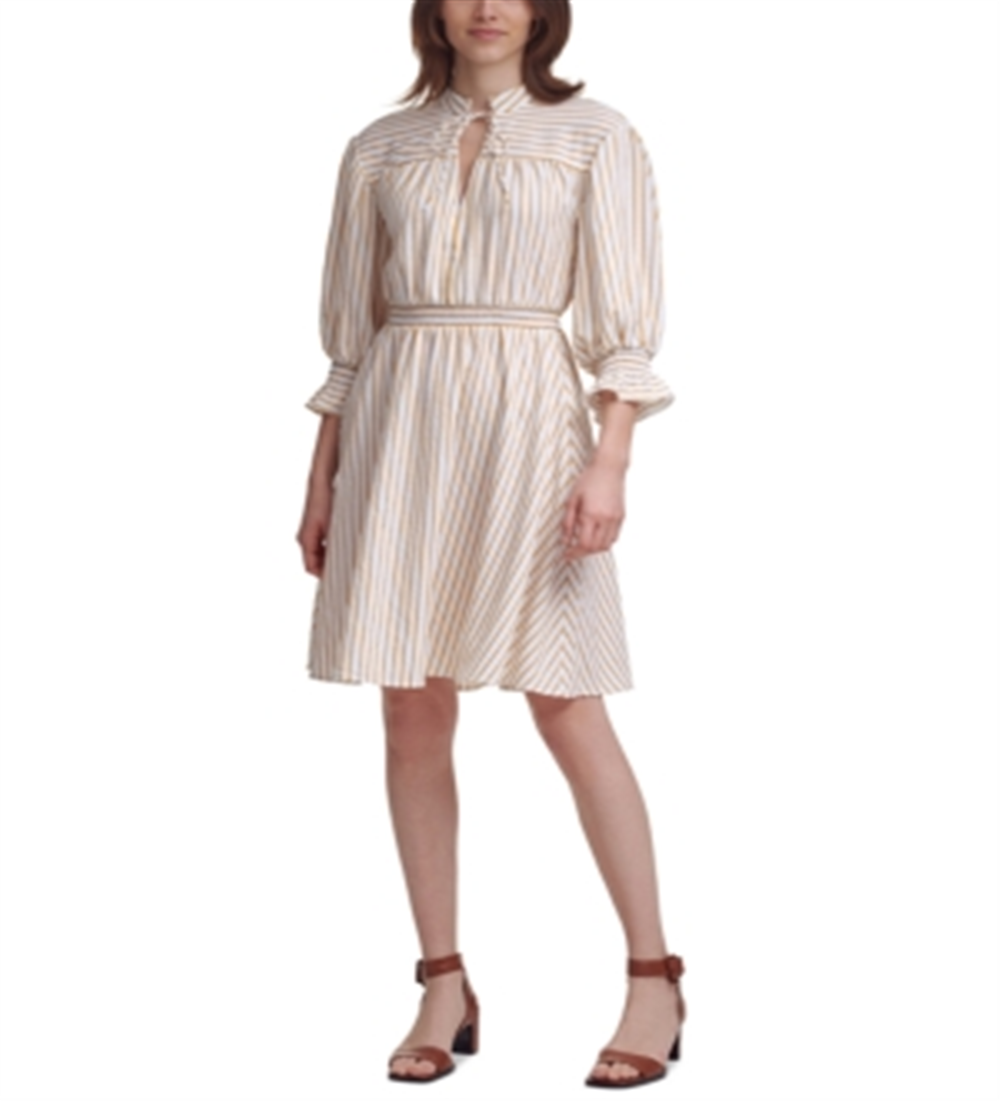 Calvin Klein Women's Textured Stripe Balloon Sleeve Dress Brown Size 8
