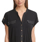 Calvin Klein Women's Short Sleeve Cinched Waist Button Front Top Black Size Small