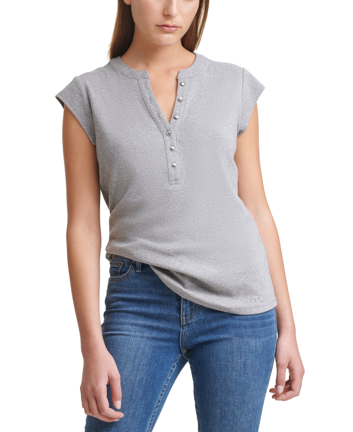 Calvin Klein Women's Cap Sleeve Henley Gray Size Medium