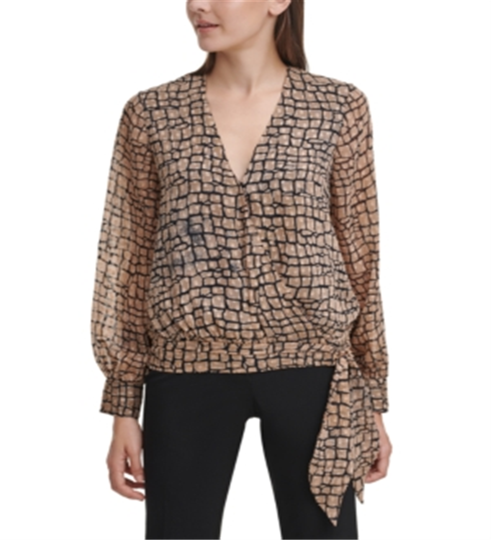 Calvin Klein Women's Printed Tie Waist Top Brown Size X-Small