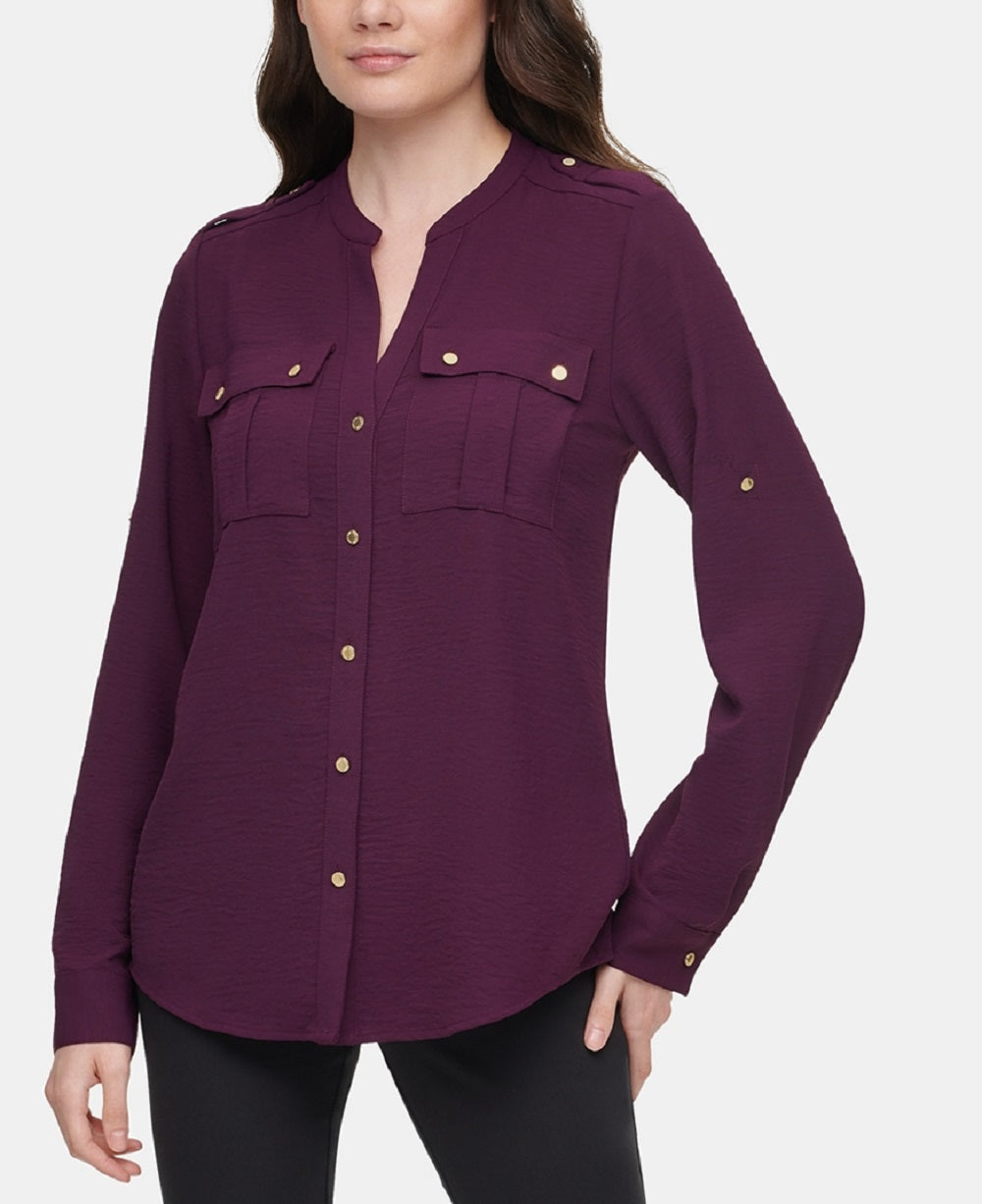 Calvin Klein Women's Textured Roll Tab Blouse Purple Size Large