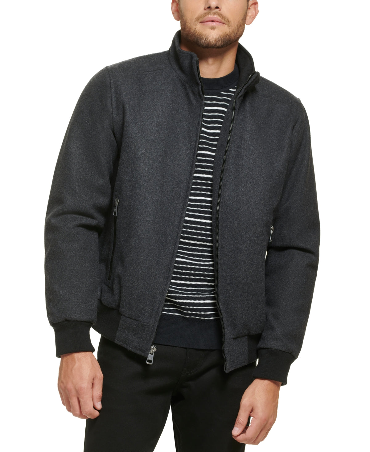 Calvin Klein Men's Wool Bomber Jacket With Knit Trim Gray Size Small