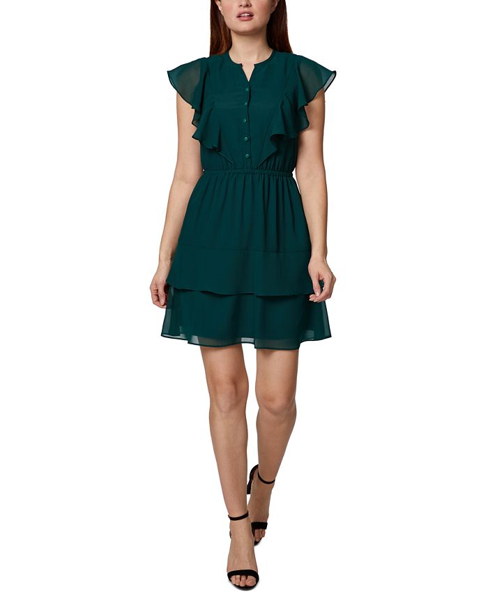 Sage Women's Ruffled Sheer Button Lined Flutter Sleeve Split Short Evening Fit Flare Dress Green Size 6Petite
