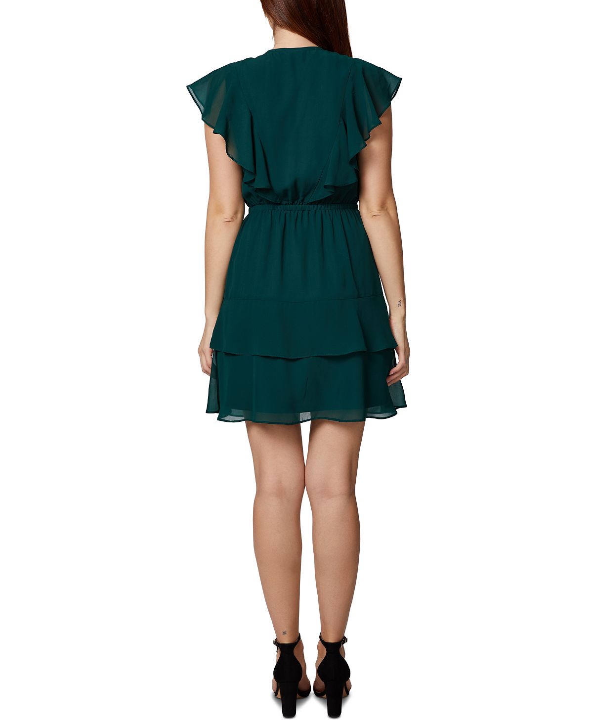 Sage Women's Ruffled Sheer Button Lined Flutter Sleeve Split Short Evening Fit Flare Dress Green Size 6Petite