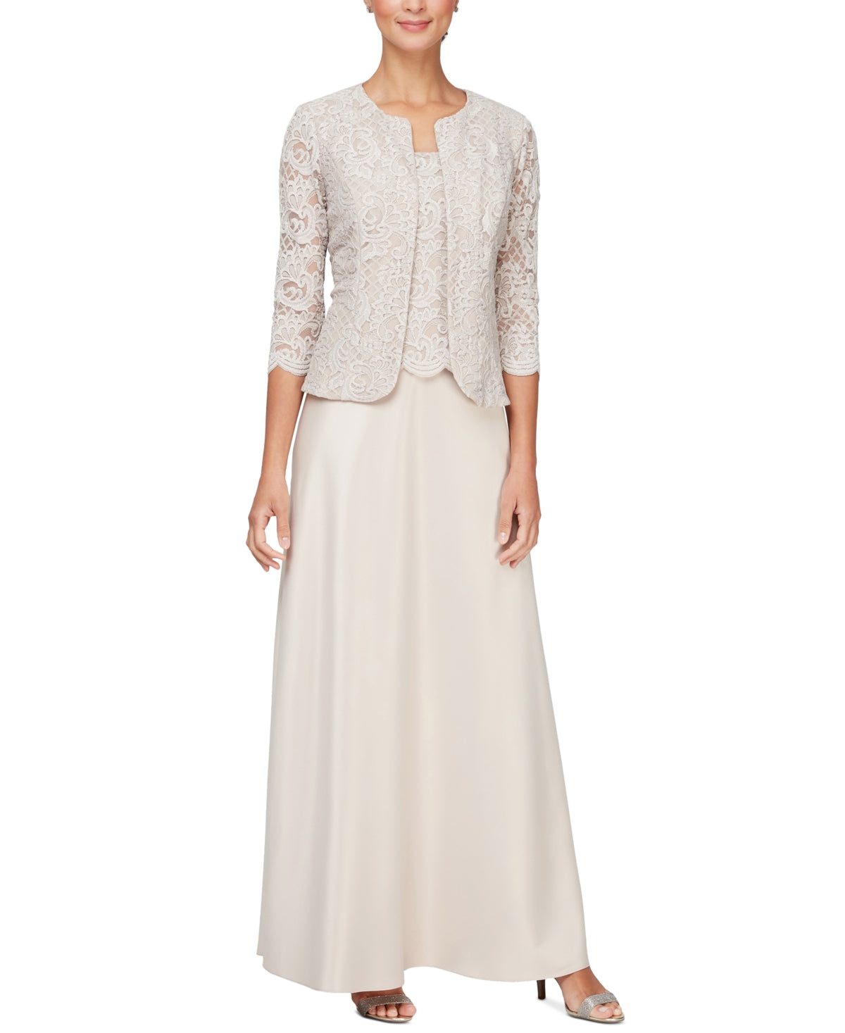 Alex Evenings Women's Embroidered Lace Mock Two Piece Gown With Jacket Brown Size 16 Petite