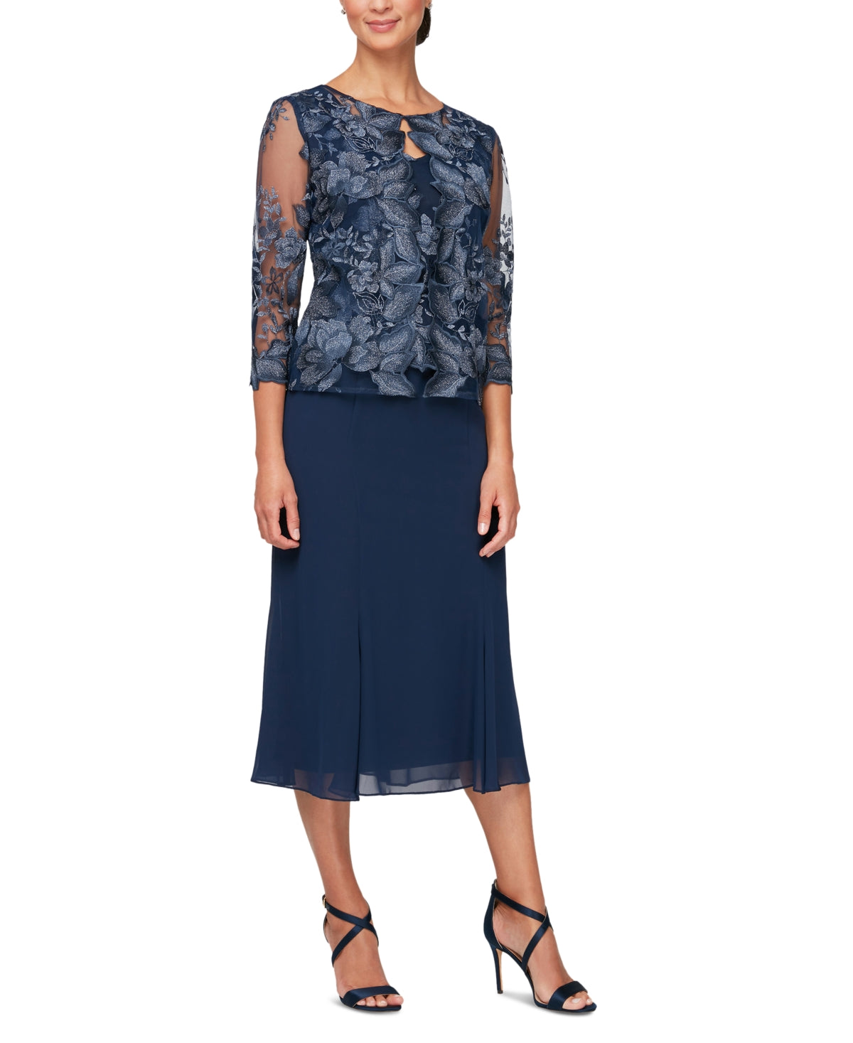 Alex Evenings Women's Mock Jacket Midi Dress Blue Size 4