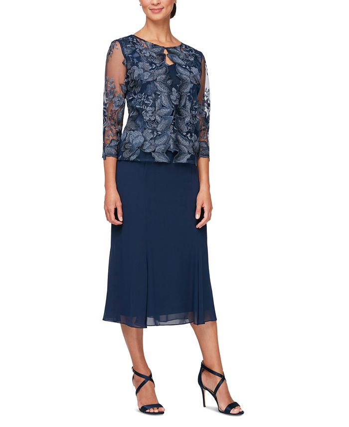 Alex Evenings Women's Mock Jacket Midi Dress Blue Size 14