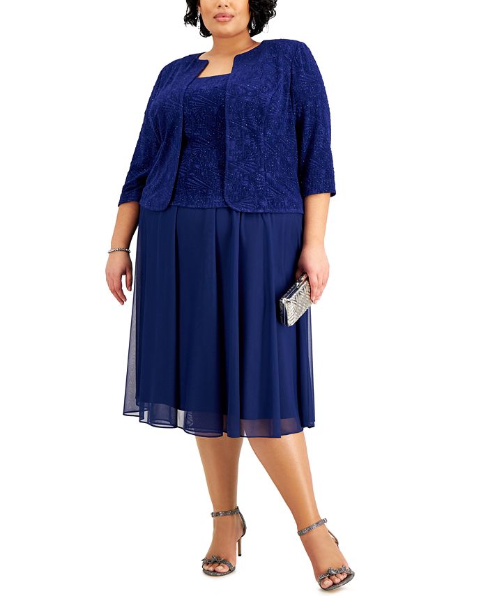 Alex Evenings Women's Glitter Mock Two Piece Dress With Jacket Blue Size 14W