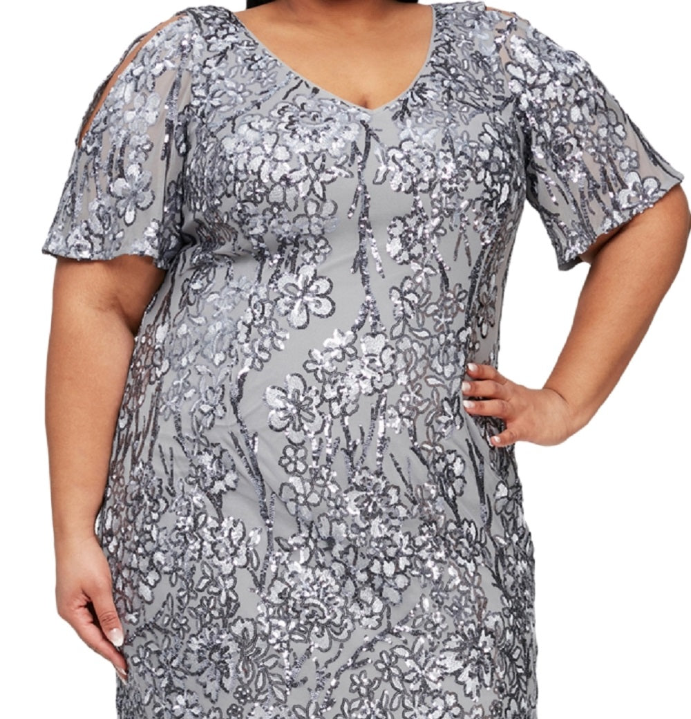 Alex Evenings Women's Slit Sleeve Sequin Cocktail Minidress Gray Size 18W