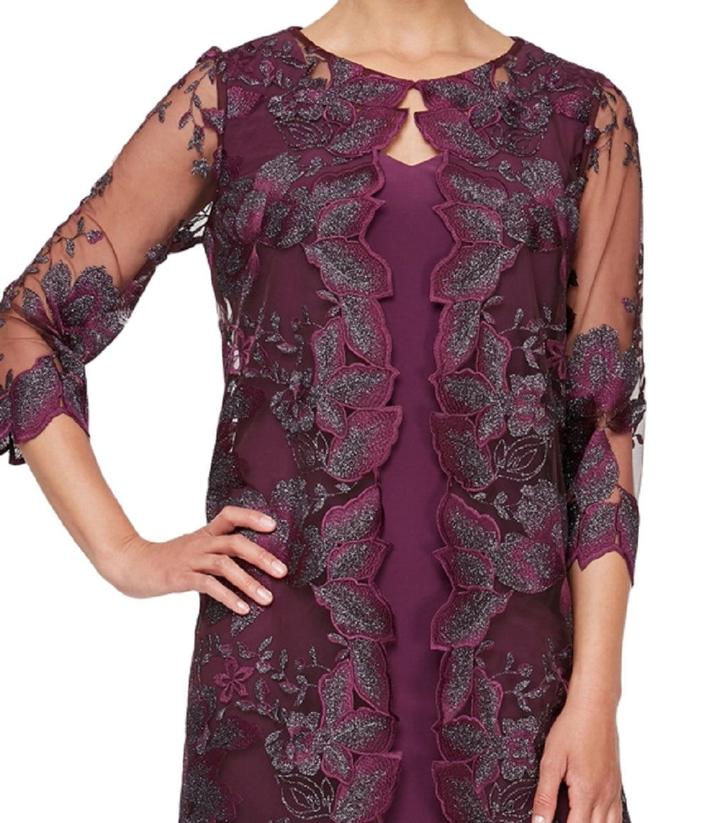 Alex Evenings Women's Embroidered Mock Jacket Cocktail Dress Purple Size 14