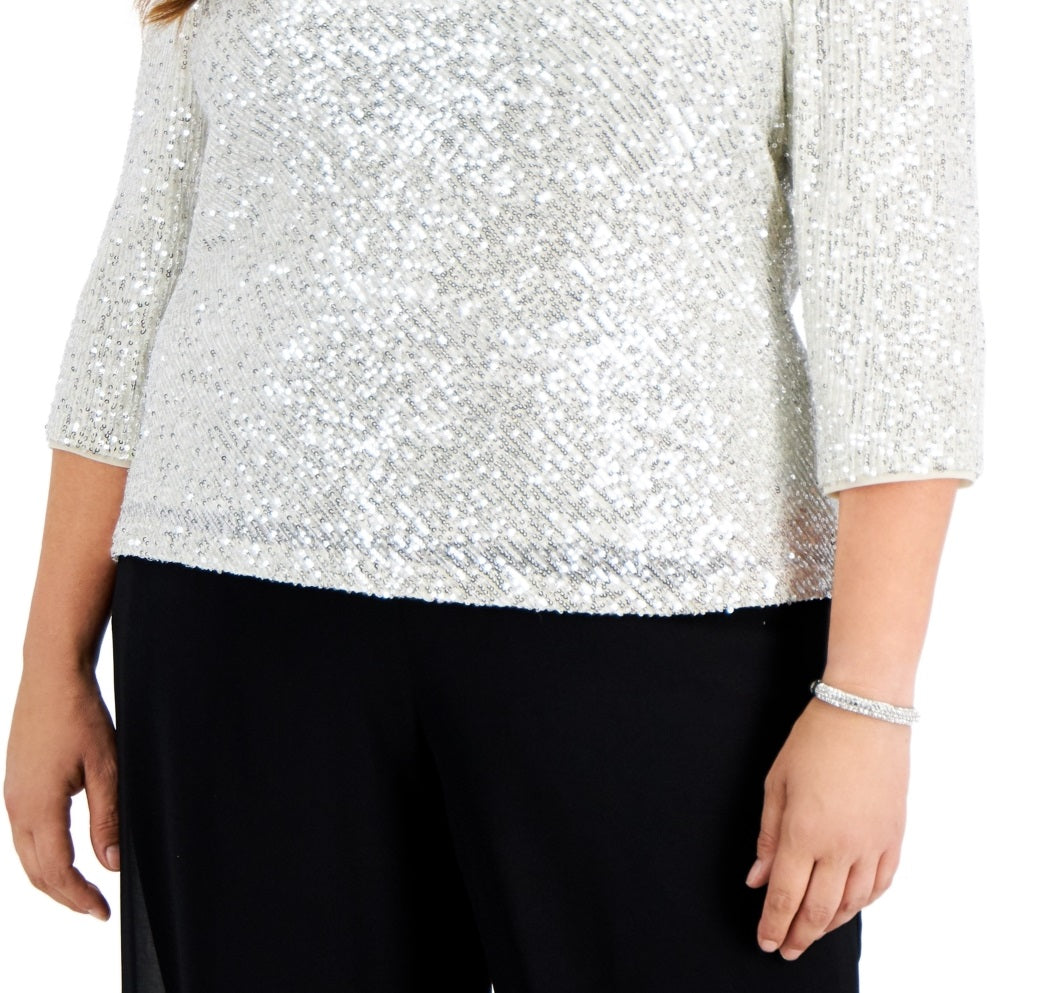 Alex Evenings Women's Sequin Cowlneck Top Gray Size 2X