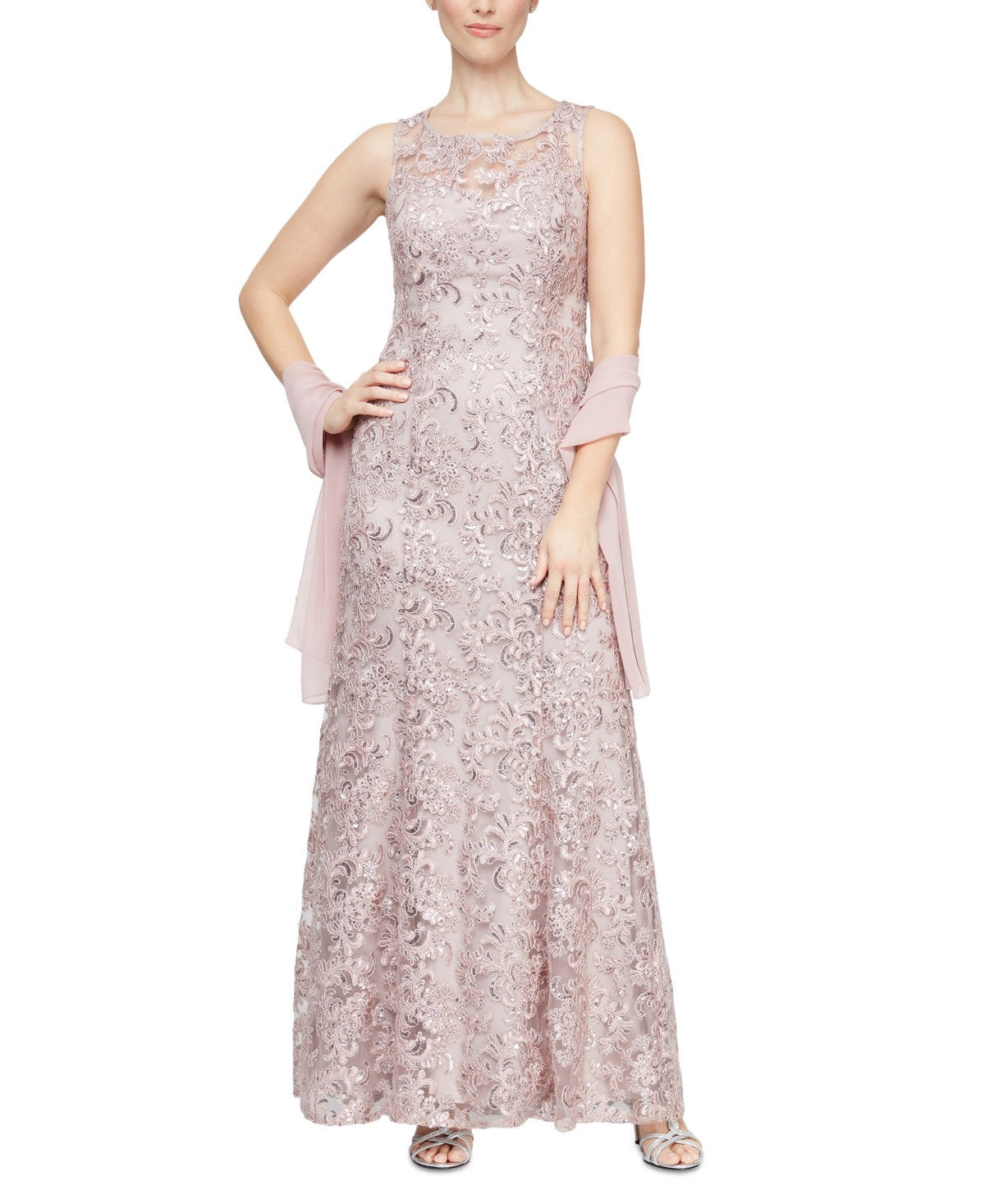 Alex Evenings Women's Embroidered Gown & Shawl Set Pink Size 6Petite