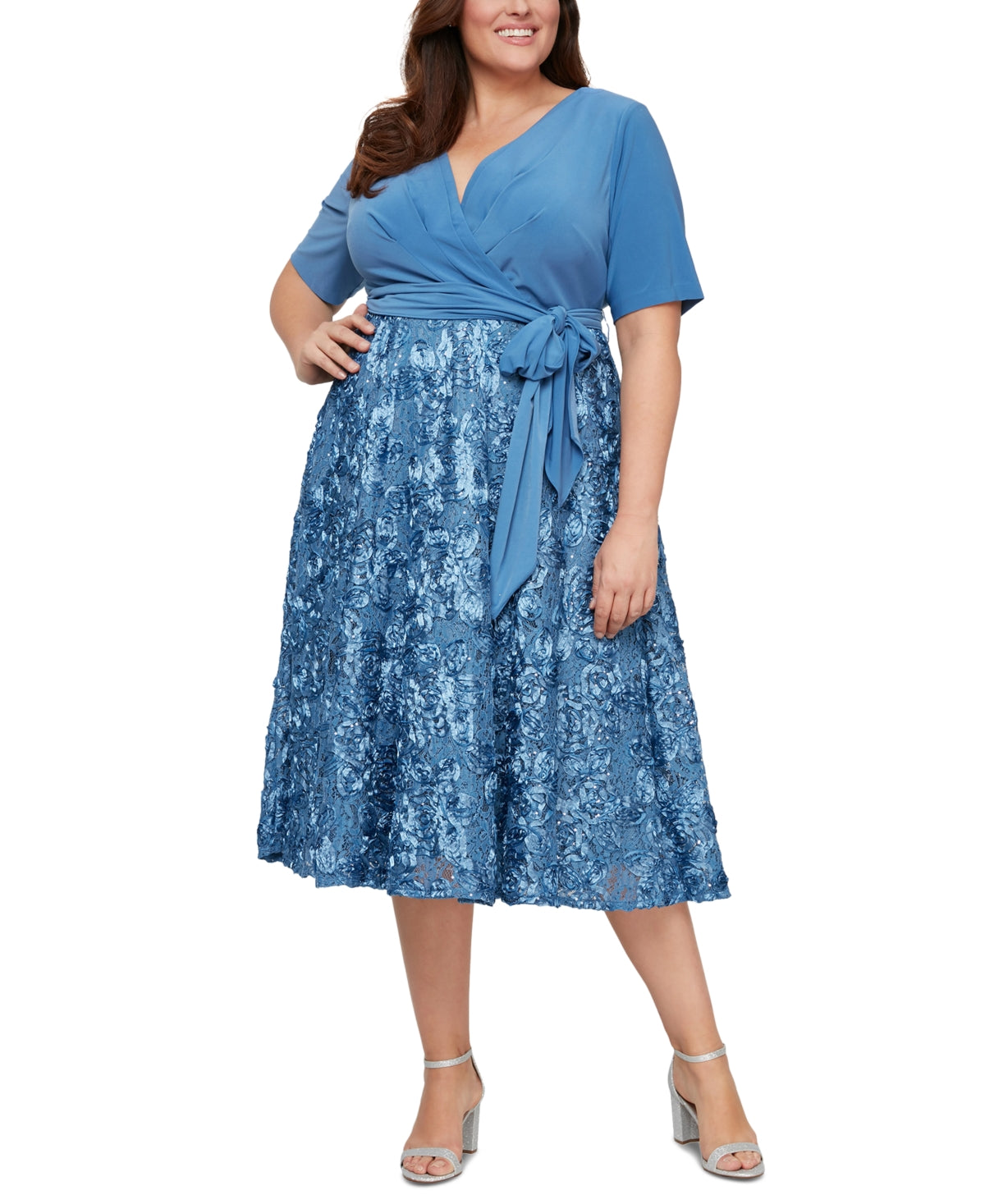 Alex Evenings Women's Tea Length Jersey & Rosette Lace Dress Blue Size 16W