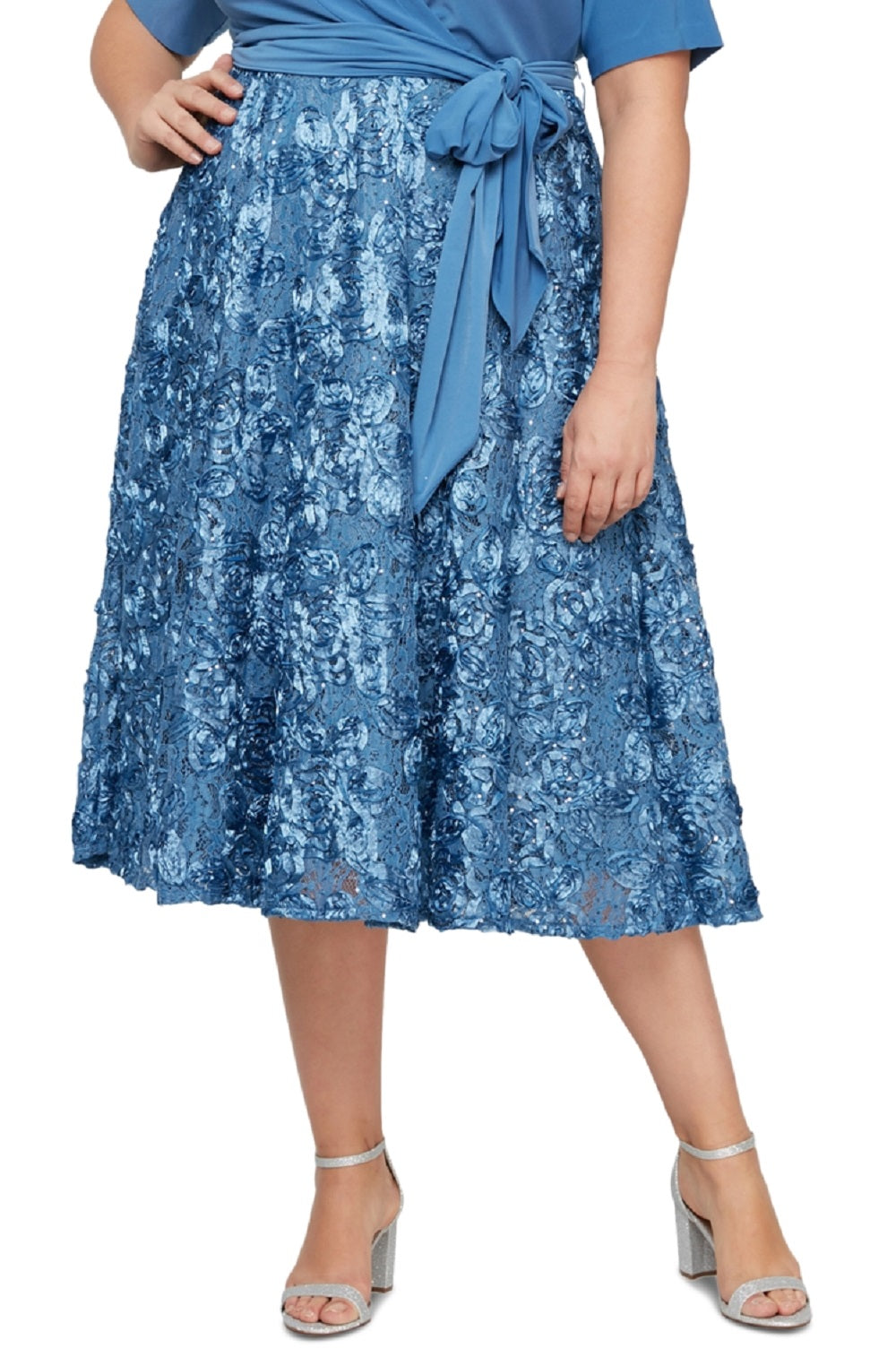 Alex Evenings Women's Tea Length Jersey & Rosette Lace Dress Blue Size 18W