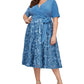 Alex Evenings Women's Tea Length Jersey & Rosette Lace Dress Blue Size 18W