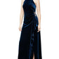 Alex Evenings Women's Velvet Beaded Trim Ruffled Gown Blue Size Medium
