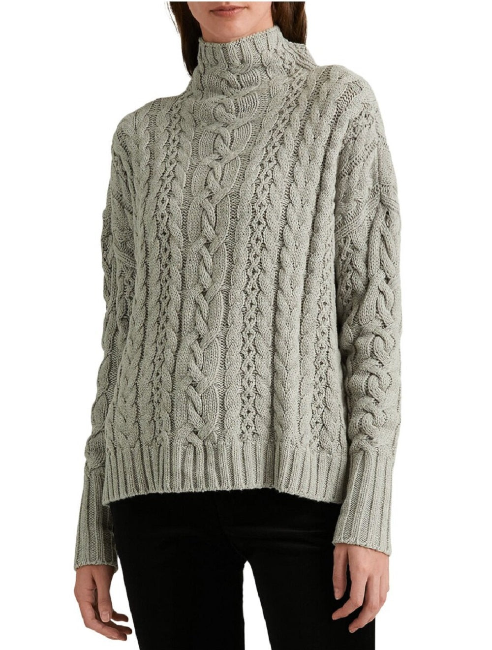 Ralph Lauren Women's Stretch Textured Ribbed Heather Long Sleeve Mock Neck Sweater Grey Size Small